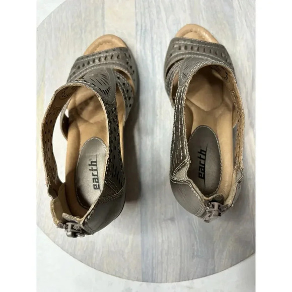 Earth Crown Platinum Wedge Bronze Leather Open Toe Sandal Back Zip Women 5.5 - Picture 5 of 8
